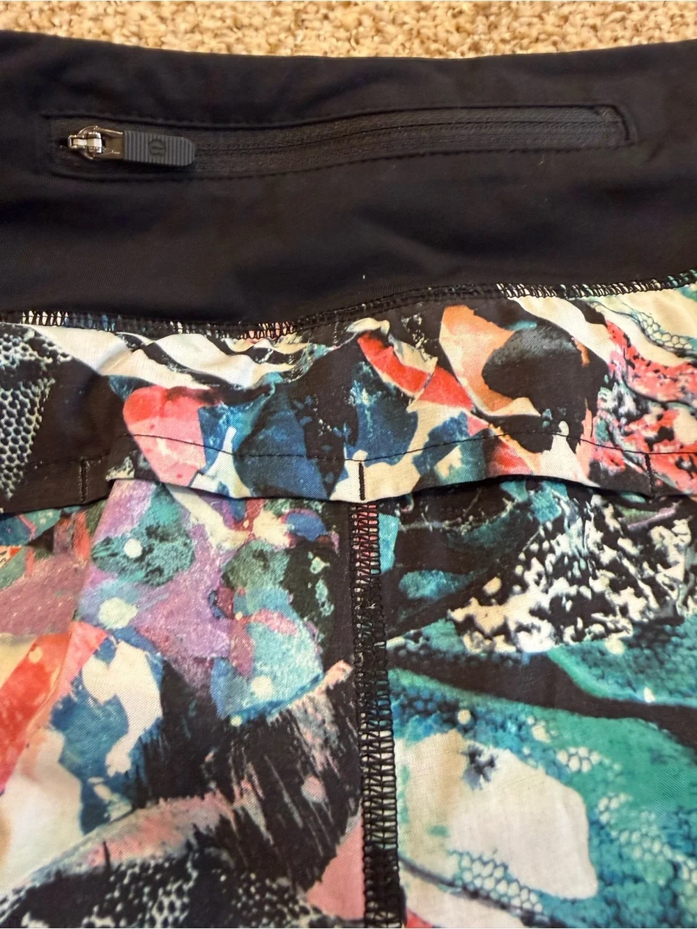 lululemon athletica Black Waistband Multicolor Abstract Running Shorts